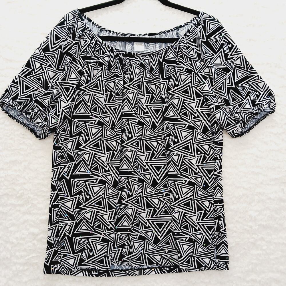Blouse Black Geometric Short Sleeve Scoop Neck Rhinestone Witchy Goth Y2K Size M